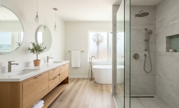 Modern bathroom remodel with wood vanity, freestanding tub, and glass shower