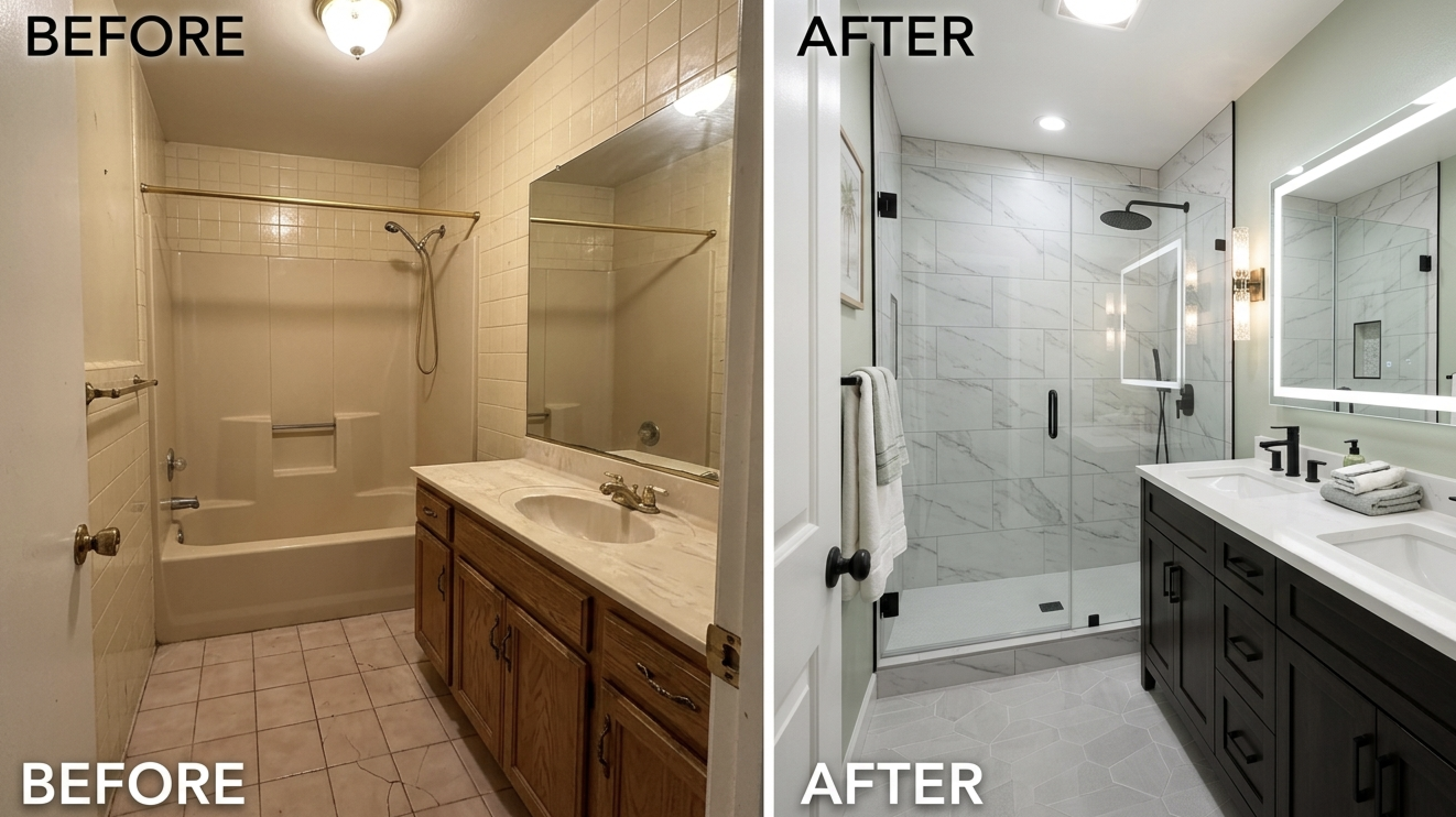 Fountain Valley hall bath before and after remodel comparison with updated shower, vanity, and lighting