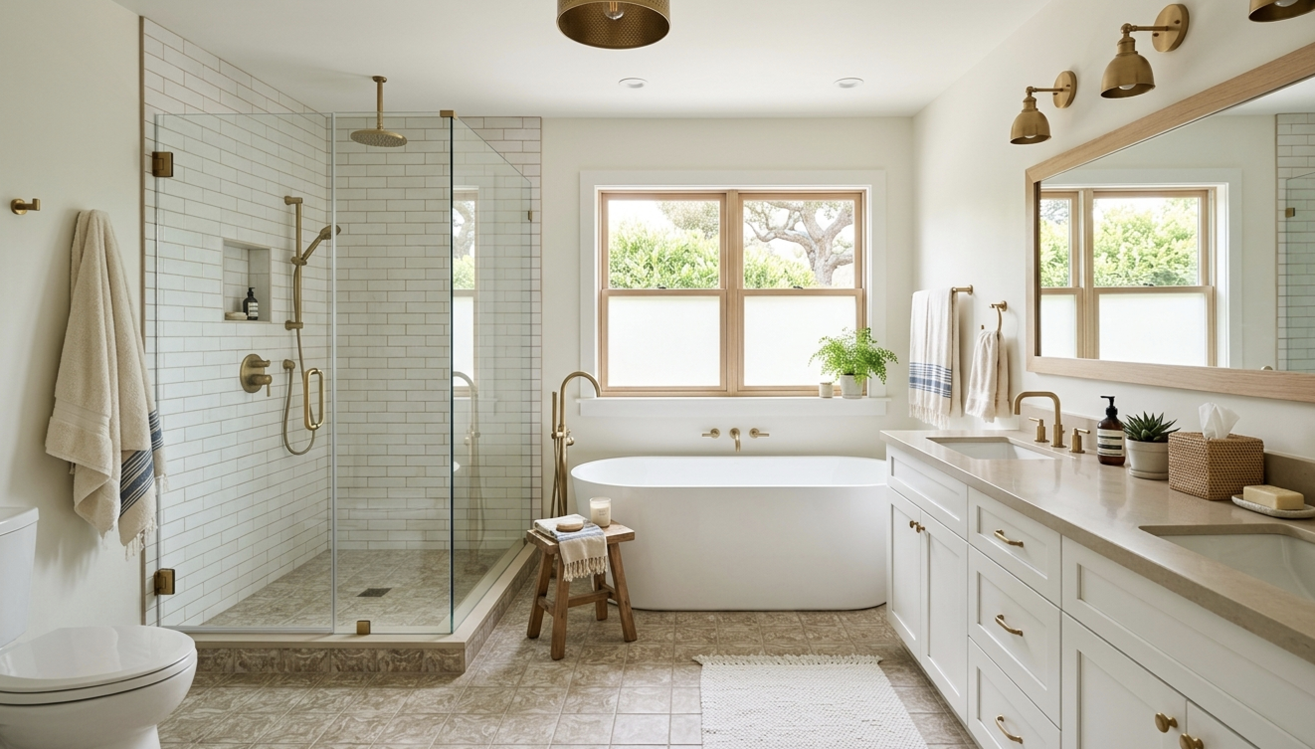 Guest bathroom after modernization with white vanity, tub, shower glass, and updated lighting