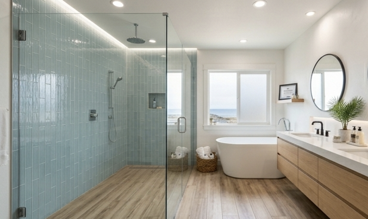 Huntington Beach primary suite with blue shower tile, freestanding tub, and floating wood vanity