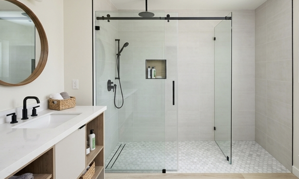 Costa Mesa shower conversion with walk-in glass enclosure, niche storage, and updated vanity
